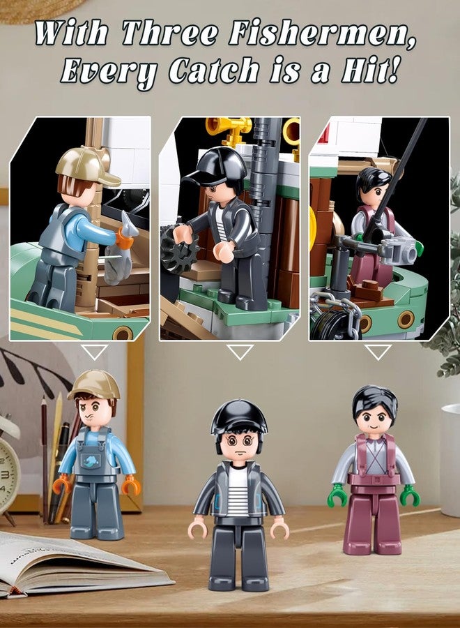 سلوبان مجموعة بناء قارب صيد المدينة مع 3 مجسمات صيادين صغيرة، ومجموعات بناء سفن مع صنارات صيد ودلاء، وألعاب هدايا عيد الميلاد للأطفال من سن 6 إلى 12 عامًا، متوافقة مع قارب ليغو، 610 قطعة - Image 4